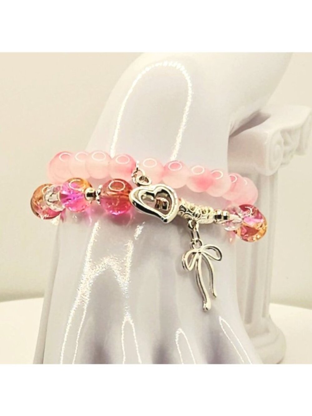 Pink Heart Bracelet Stack, Coquette Charm Bracelet, Girly Glam Jewelry, Layered
